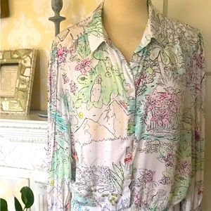 Anthropologie Maeve Tropical print blouse gathered waist/ wrists. Like new! SzXL